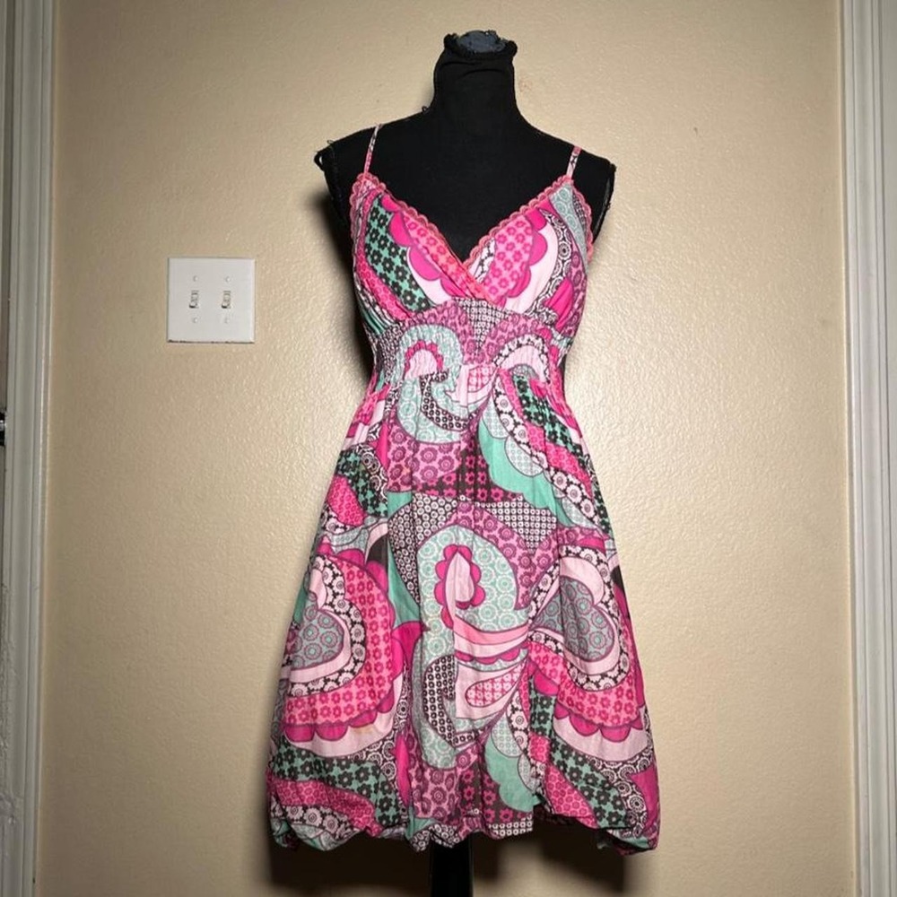 Shes Cool Y2K Pink Paisley Lace Trim Mini Dress Smocked Waist Medium